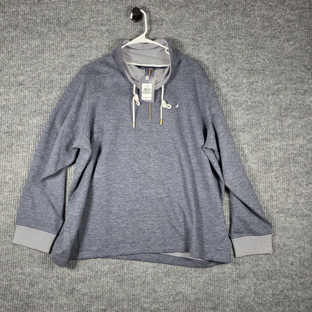 Nautica Womens 1X Pullover Hoodie Quarter‎ Zip Gray Stripe Trim NWT